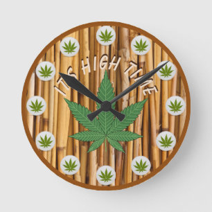 It's High Time Weed Leaf Natural Bamboo Custom Round Clock