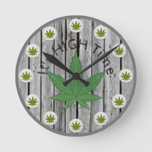 It's High Time Weed Leaf Rustic Wood Custom Round Clock