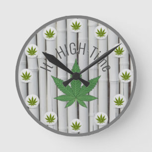 It's High Time Weed Leaf White Bamboo Custom Round Clock