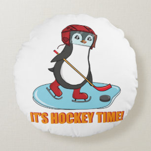 It's Hockey Time - Cute Penguin Ice Hockey Round Cushion