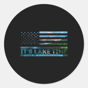 It's Lake Time Sunset American Flag Summer Vacatio Classic Round Sticker
