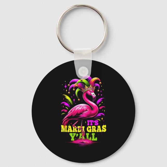 Its Mardi Gras Yall Pink Flamingo Wearing Jester H Key Ring (Front)