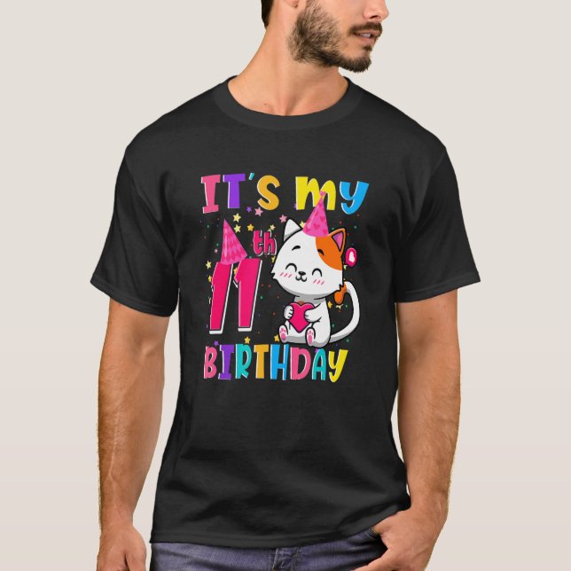 It's My 11th Birthday 11 Year Old Girl Cat T-Shirt (Front)
