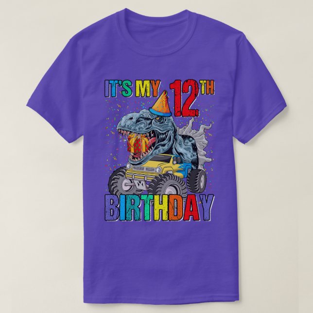 It's My 12th Birthday Monster Truck Dinosaur Boys  T-Shirt (Design Front)