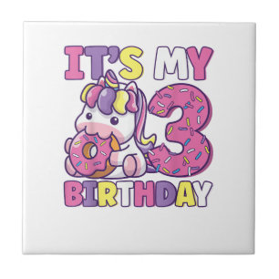 It's My 3rd Birthday Party Cute Girls Doughnut Bir Ceramic Tile