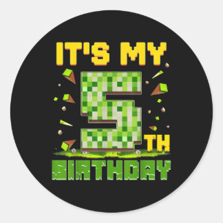 Its My 5th Birthday Boy 5 Year Old Birthday Pixel  Classic Round Sticker