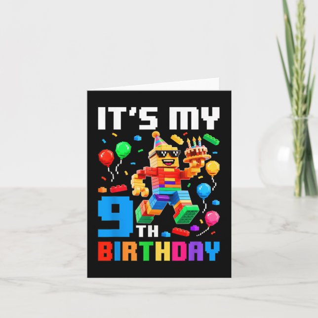 Its My 9th Birthday Building Brick 9 Years Old Boy Card (Front)