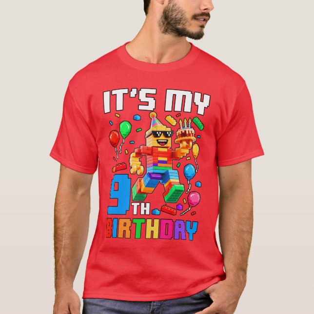 Its My 9th Birthday Building Brick 9 Years Old Boy T-Shirt (Front)
