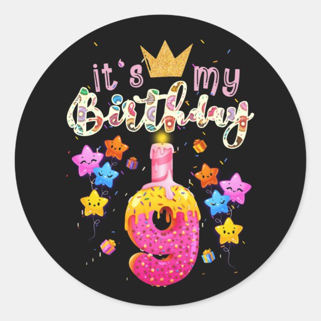 It's My 9th Birthday Doughnut Happy 9 Years Old Classic Round Sticker (Front)