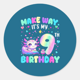 It's My 9th Birthday Girl Cute Axolotl 9 Year Old  Classic Round Sticker