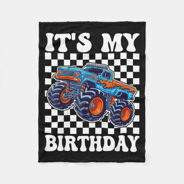 It's My Birthday Boy Monster Truck Bday Party Kids Fleece Blanket (Front)