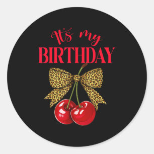 It's My Birthday Cute Cherry Leopard Coquette Bow  Classic Round Sticker