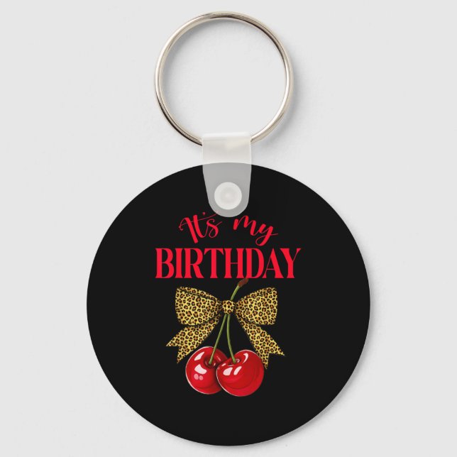 It's My Birthday Cute Cherry Leopard Coquette Bow  Key Ring (Front)