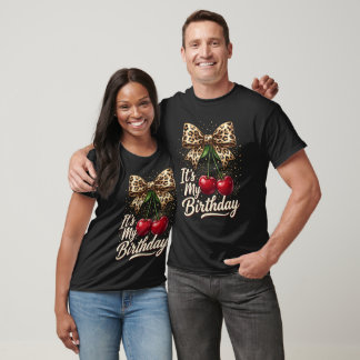 It's My Birthday Cute Cherry Leopard Coquette Bow T-Shirt
