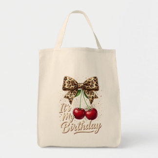 It's My Birthday Cute Cherry Leopard Coquette Bow Tote Bag