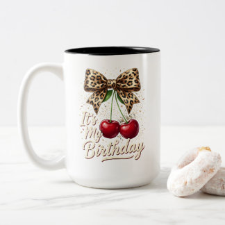 It's My Birthday Cute Cherry Leopard Coquette Bow Two-Tone Coffee Mug