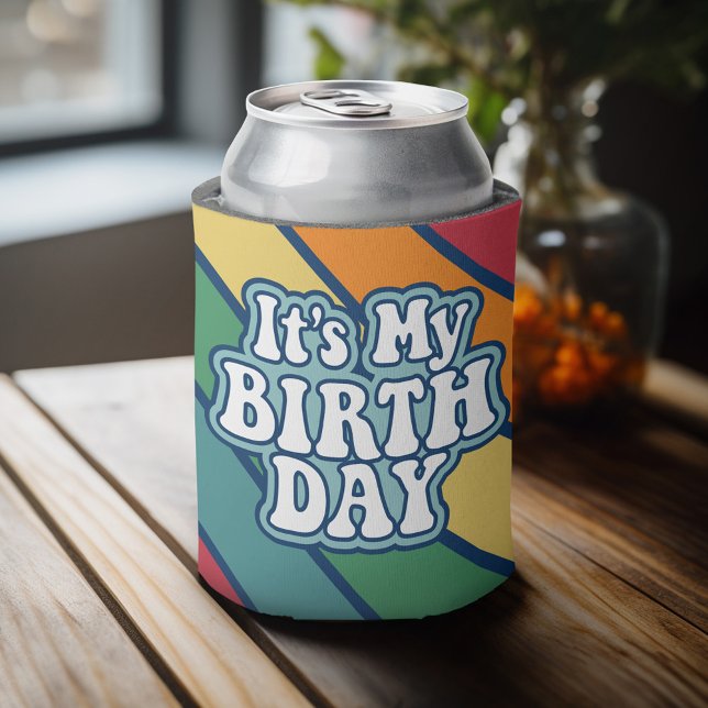 It's My Birthday - Happy Stripe Rainbow Colours Can Cooler (Personalized Can Cooler - add Your Name or Other Custom Text)