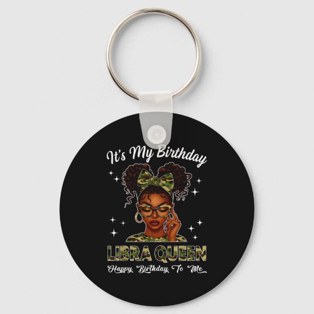It's My Birthday Libra Queen Camo Bow Afro Black G Key Ring (Front)