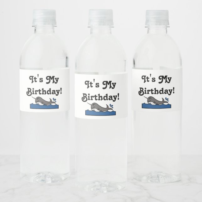 It's My Birthday Narwhal  Water Bottle Label (Bottles)