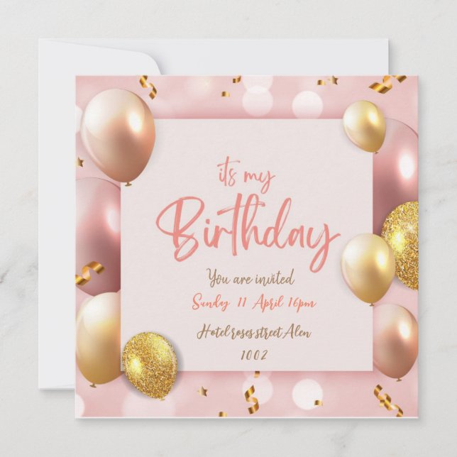 Its my Birthday Pink card invitation (Front)