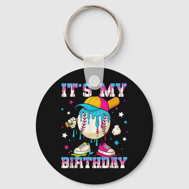 Its My Birthday Stuff Baseball Ice Cream Drip Key Ring (Front)