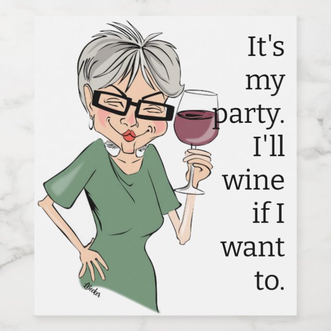 It's My Party Cartoon Lady Wine Label (Single Label)