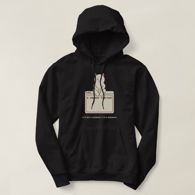 It's Not a Demon It's a Daemon Funny Linux Black Hoodie (Design Front)