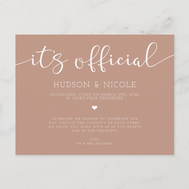 It's Official Elopement Wedding Announcement Postcard (Front)