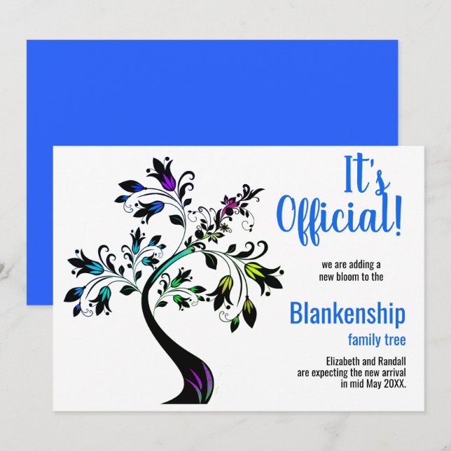 It's Official We're Expecting Flowering Tree Blue Announcement (Front/Back)