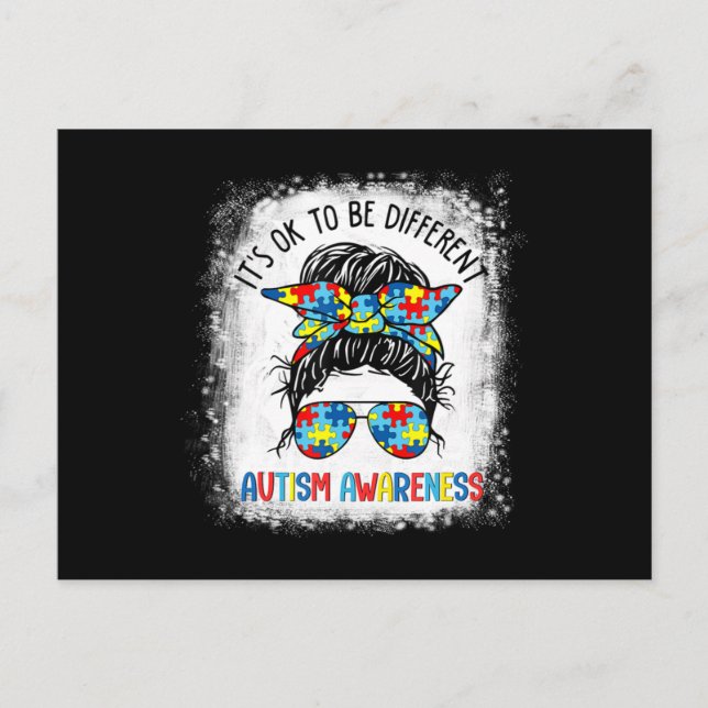It's Ok To Be Different Autism Awareness Messy Bun Postcard (Front)