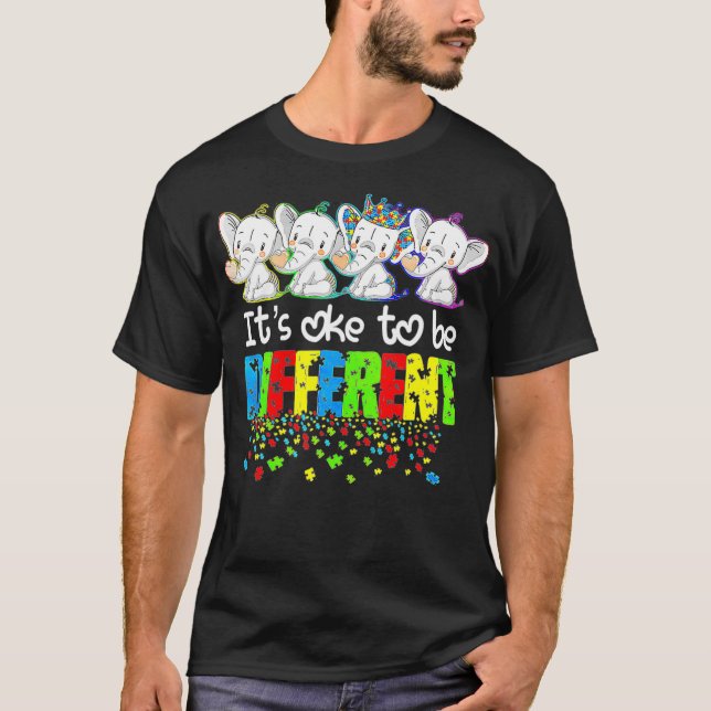 It's OK To Be Different Puzzle Elephant Autism Awa T-Shirt (Front)