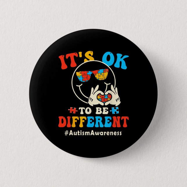 Its Ok To Different Autism Groovy Smile Face Puzzl 6 Cm Round Badge (Front)