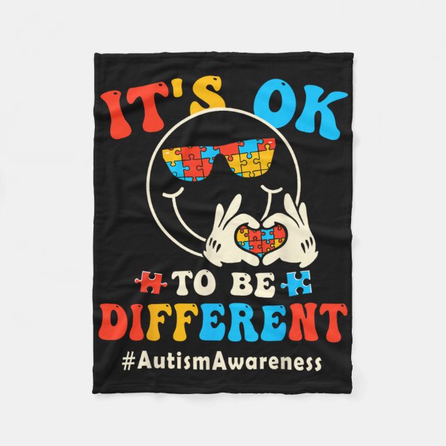 Its Ok To Different Autism Groovy Smile Face Puzzl Fleece Blanket (Front)