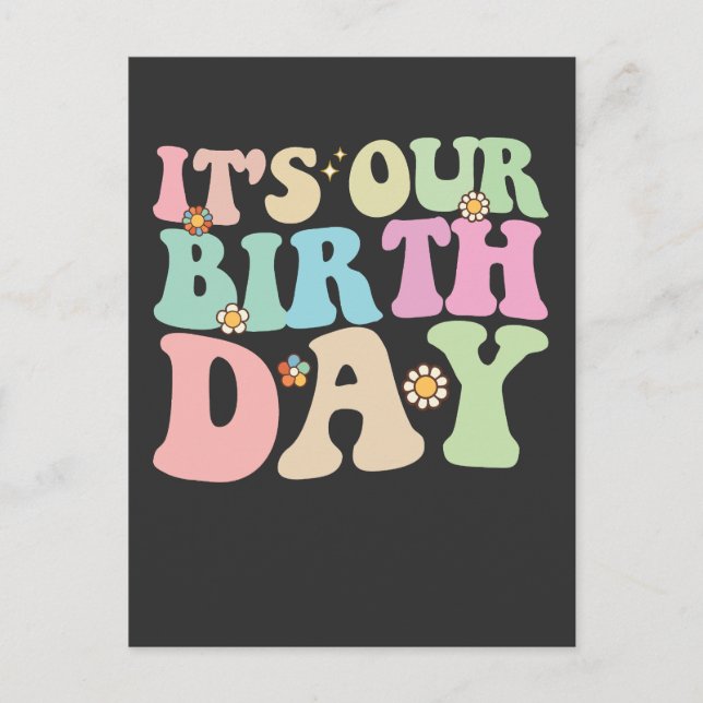 It's Our Birthday Twins Groovy Retro Invitation Postcard (Front)