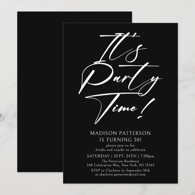 It's Party Time 30th Birthday Party Simple Elegant Invitation (Front/Back)