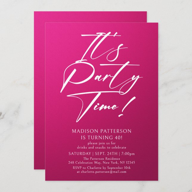 It's Party Time 40th Birthday Party Simple Elegant Invitation (Front/Back)
