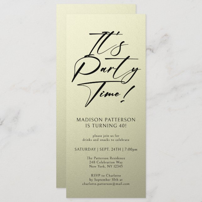 It's Party Time 40th Birthday Party Simple Elegant Invitation (Front/Back)