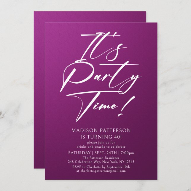 It's Party Time 40th Birthday Party Simple Elegant Invitation (Front/Back)