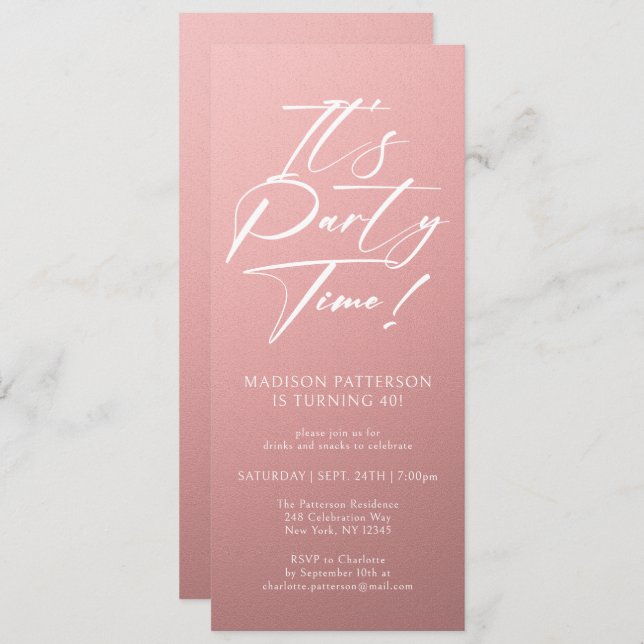 It's Party Time 40th Birthday Party Simple Elegant Invitation (Front/Back)