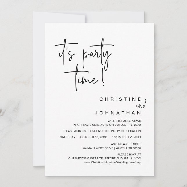 It's Party time, Wedding Elopement Dinner Party Invitation (Front)