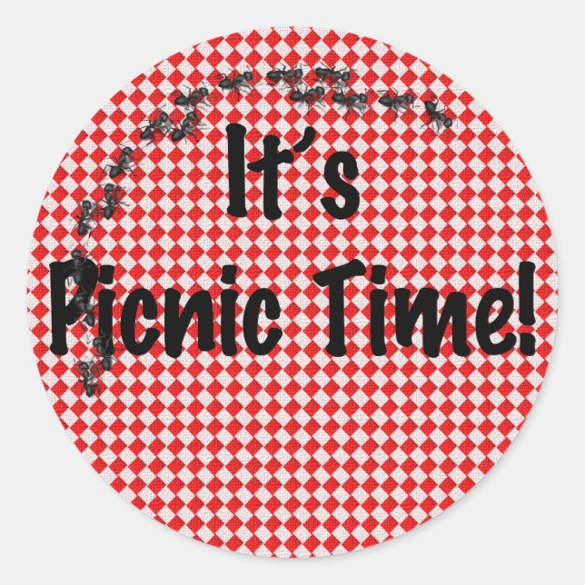 It's Picnic Time! Red Chequered Table Cloth w/Ants Classic Round Sticker (Front)