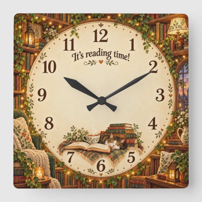 It's Reading Time Cozy Library  Square Wall Clock (Front)