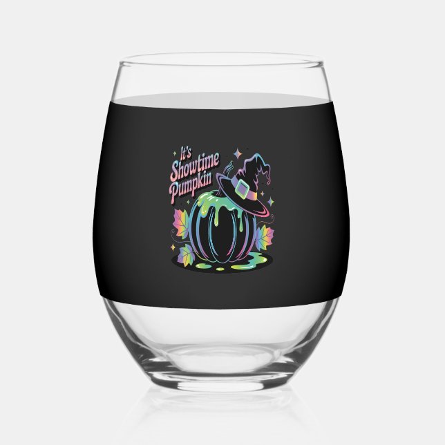 It's Showtime Pumpkin Hat Pumpkin Stemless Wine Glass (Front)