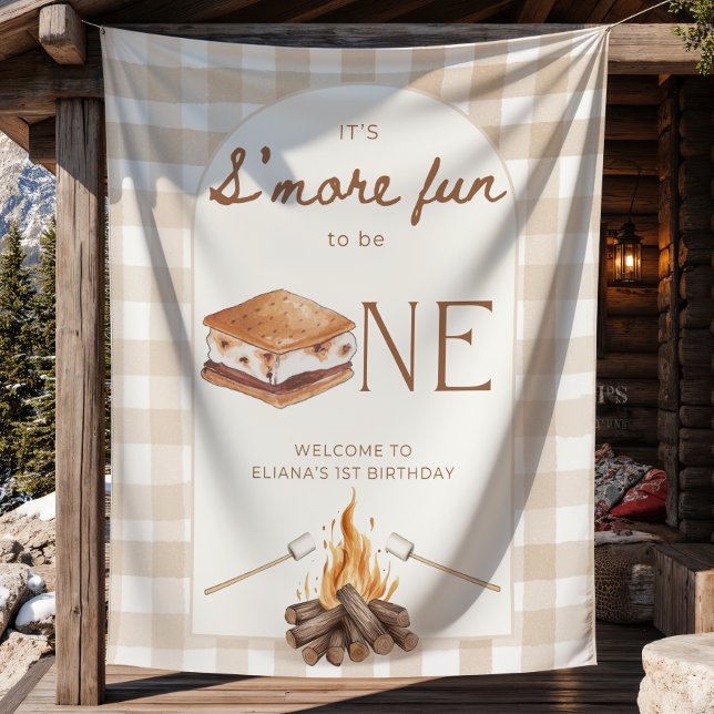 It's S'more Fun to Be One Birthday Tapestry Banner (Personalized It's S'more Fun to Be One Birthday Tapestry Banner | Camping 1st Birthday Backdrop | Ca)