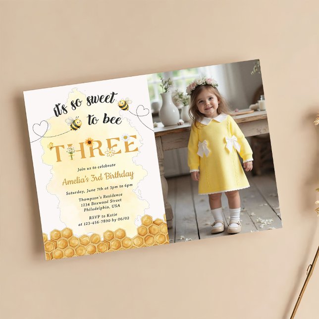 It's So Sweet To Bee Photo 3rd Birthday Invitation (Creator Uploaded)