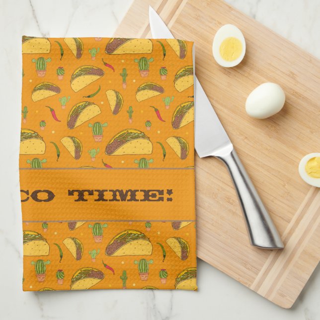 It's Taco Time Tex Mex Mexican Food Pattern Orange Tea Towel (Quarter Fold)