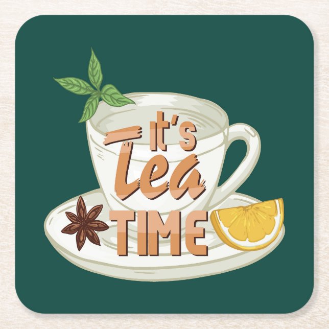 It's Tea Time Square Paper Coaster (Front)
