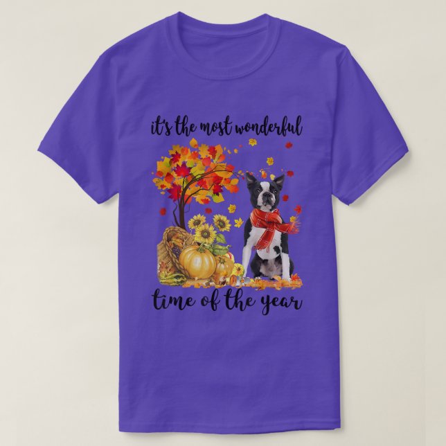 It's The Most Wonderful Autumn Time Boston Terrier T-Shirt (Design Front)