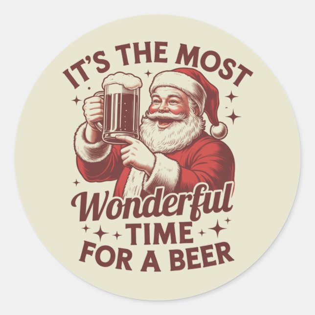 It's The Most Wonderful Time For A Beer Santa Xmas Classic Round Sticker (Front)