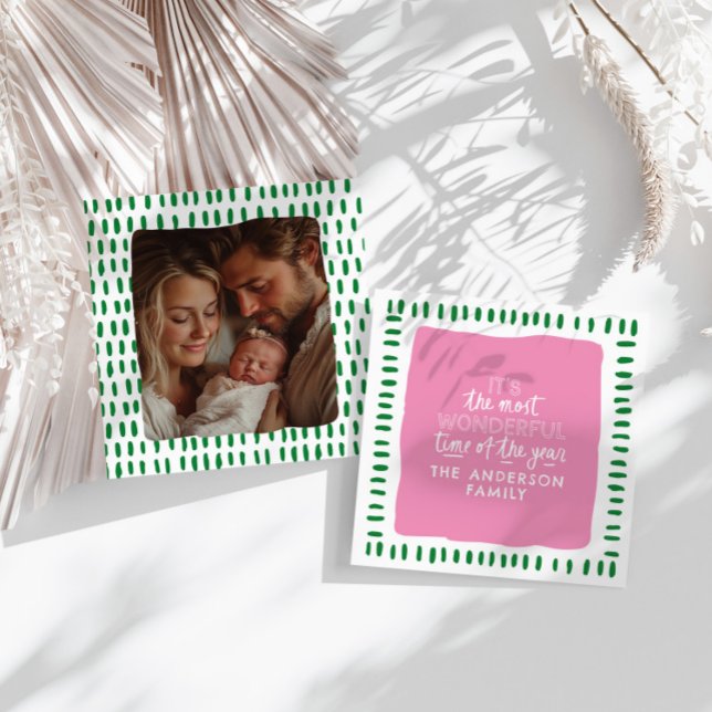 It's the most wonderful time Modern Pink & Green Holiday Card (Creator Uploaded)